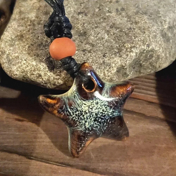 Artsy Star Glazed Blues Browns Porcelain Necklace - Picture 1 of 7
